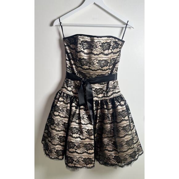 VTG 90s JESSICA MCCLINTOCK GUNNE SAX Dress Strapless Black Lace Overlay Mini Sm - Picture 2 of 12